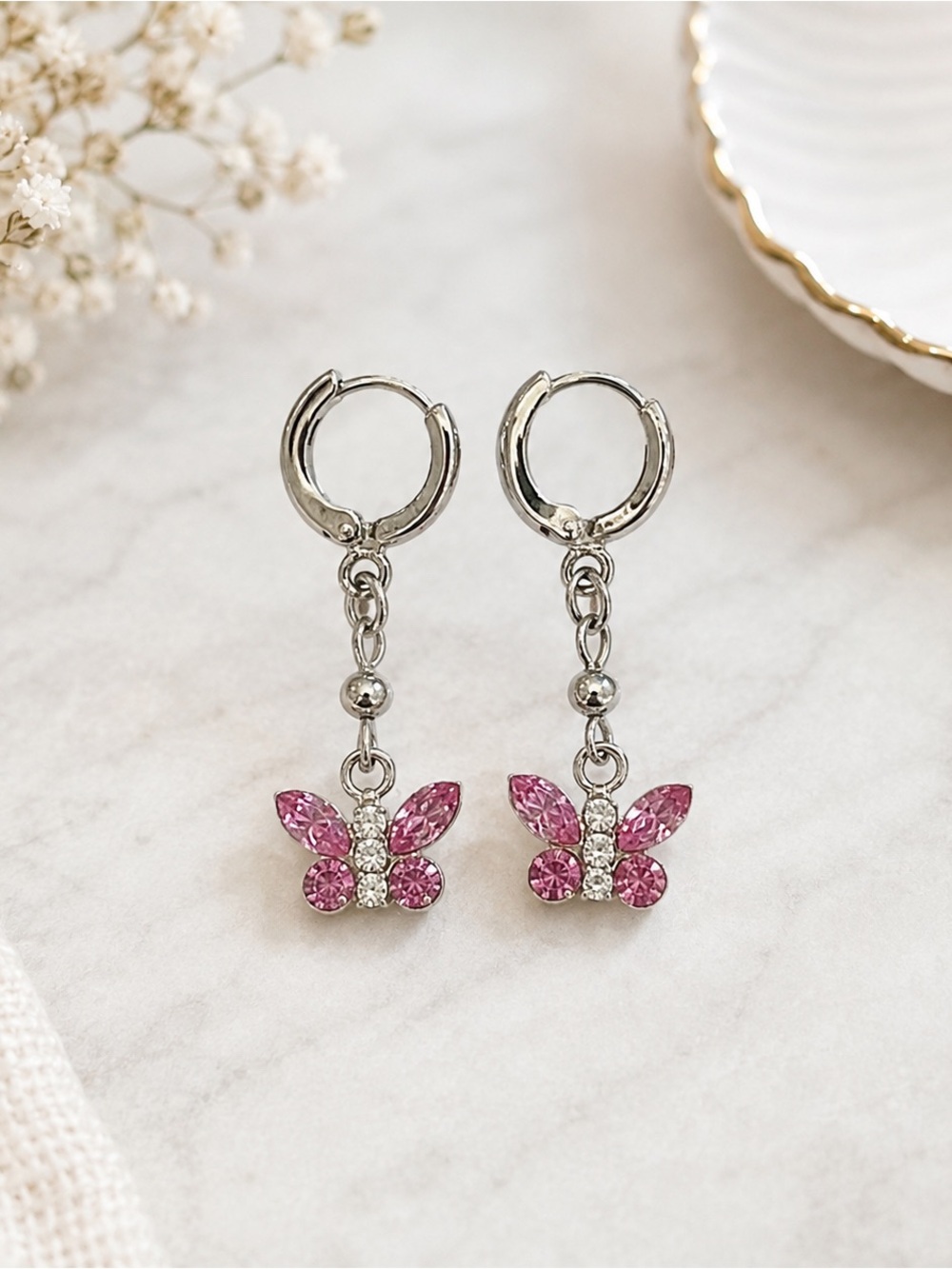 Pink Crystal Butterfly Dangle Huggie Hoop Earrings Sterling Silver Whimsical
